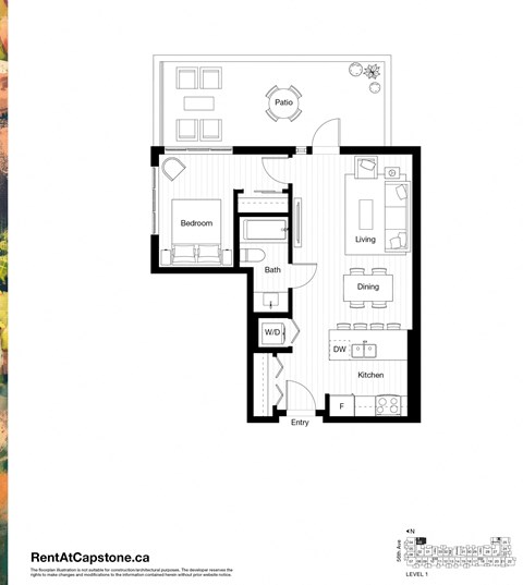 Floor plan for 1 bed, 1 bath, 591 sqft